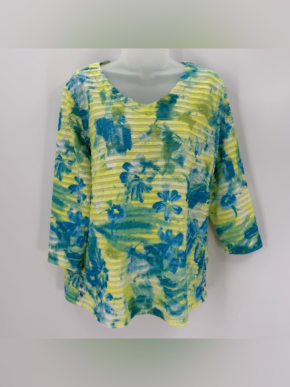 Multiples Top Womens M Yellow Blue Floral 3/4 Sleeve Layer Texture Resortwear